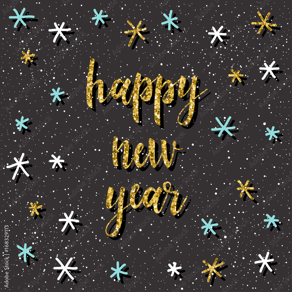 Happy new year card. Handwritten quote and handmade doodle snowflake pattern Happy new year card. Handwritten quote and handmade doodle snowflake pattern