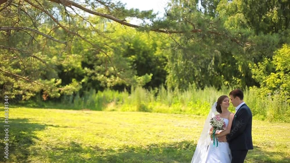 Beautiful bride and groom walking in the park before the wedding ceremony Beautiful bride and groom walking in the park before the wedding ceremony