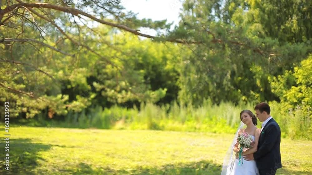 Beautiful bride and groom walking in the park before the wedding ceremony Beautiful bride and groom walking in the park before the wedding ceremony