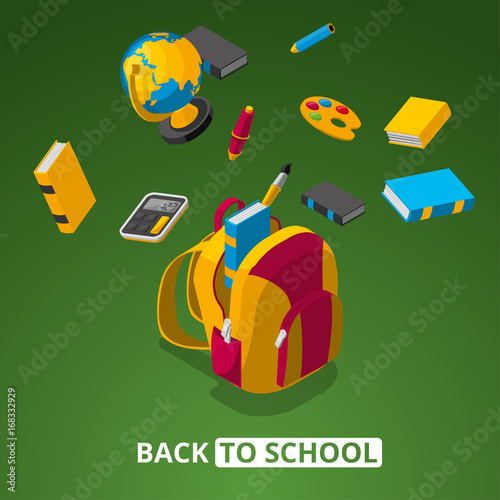 Back to school isometric poster with 3d vector symbols
