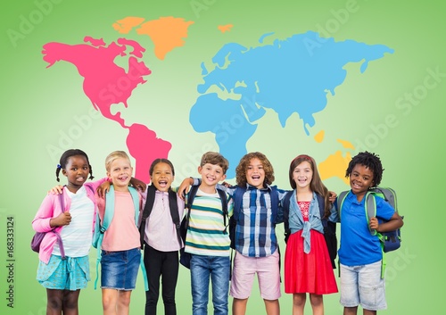 Multicultural School kids  in front of colorful world map photo