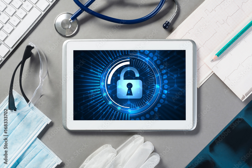 Web security and technology concept with tablet pc on table