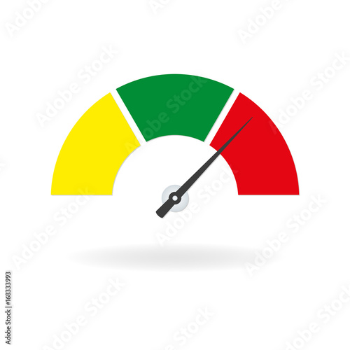 Speedometer icon with arrow. Meter and gauge element. Vector illustration.