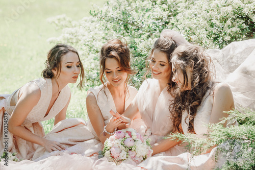 Beautiful bride and bridesmaids sit on the lawn