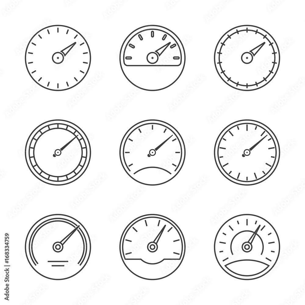 Speedometer and meter icon set in line style. Dashboard outline signs. Vector illustration. Speedometer and meter icon set in line style. Dashboard outline signs. Vector illustration.