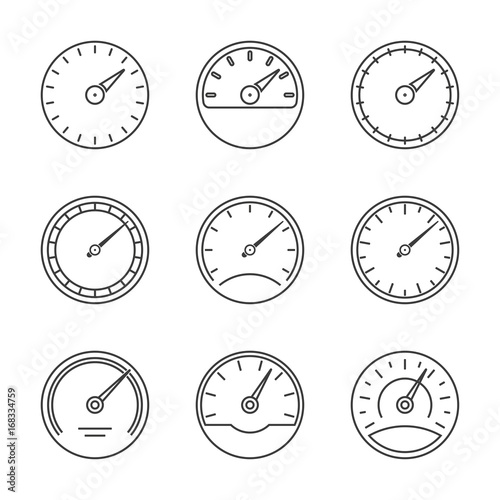 Speedometer and meter icon set in line style. Dashboard outline signs. Vector illustration.