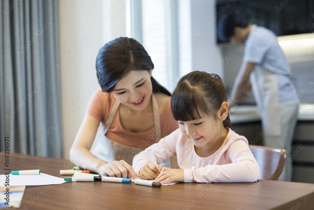 Happy mother and daughter drawing pictures Happy mother and daughter drawing pictures