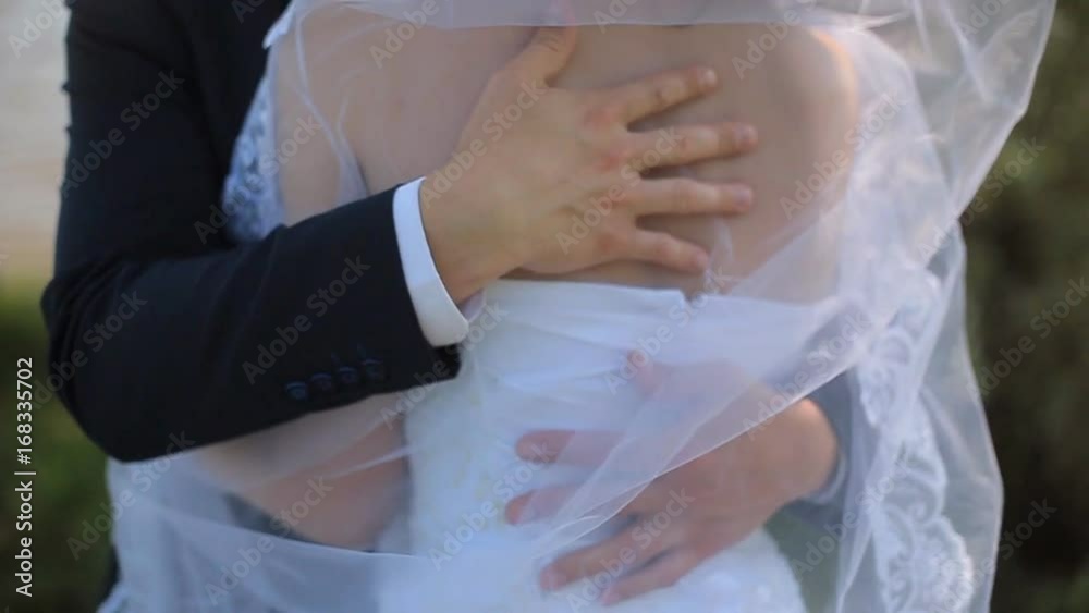 Beautiful bride and groom walking in the park before the wedding ceremony Beautiful bride and groom walking in the park before the wedding ceremony