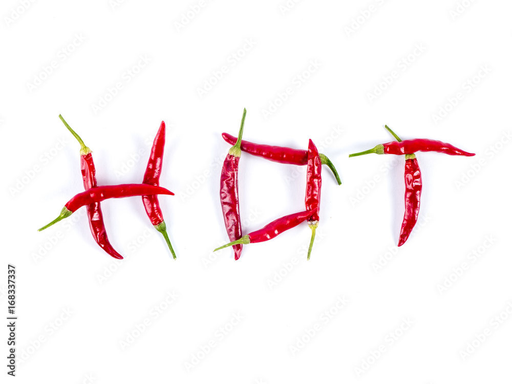 The word HOT is writan with extra small chili peppers The word HOT is writan with extra small chili peppers