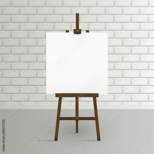 Blank canvas on a artist' easel. Blank art board and wooden ease.l Easel with blank canvas on a brick wall background Vector illustration.