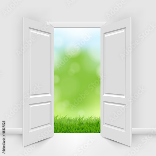 Opened Doors With Blue Sky And Greeen Grass