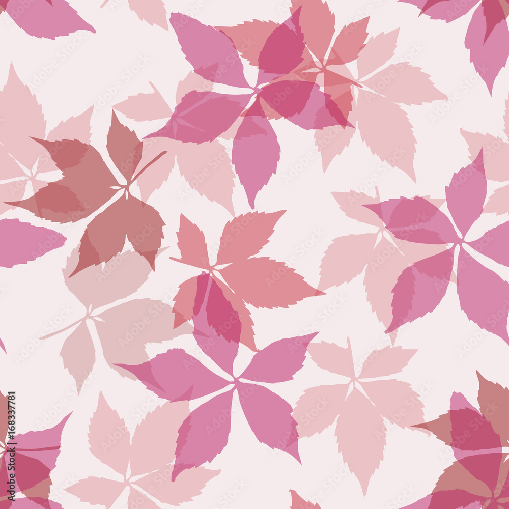 Seamless pattern with falling leaves. Background with autumn virginia creeper leaves. 