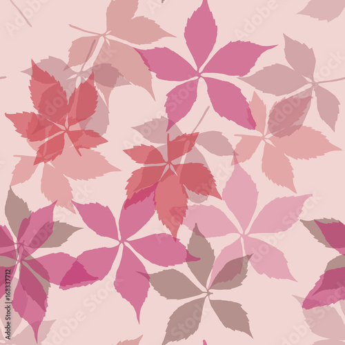 Seamless pattern with falling leaves. Background with autumn virginia creeper leaves. 