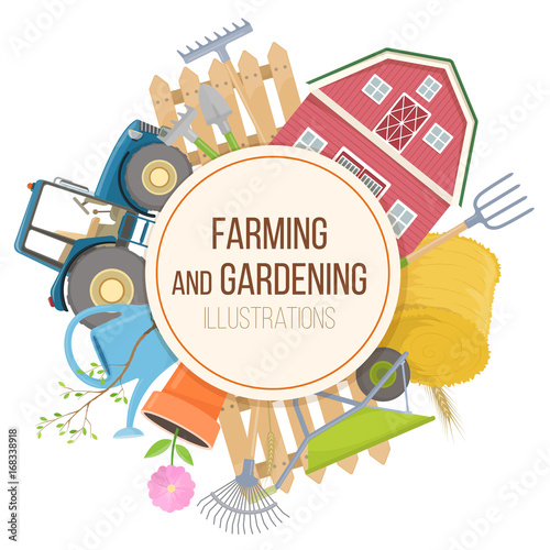 Set of colorful farming equipment icons. Farming tools and agricultural machines decoration. Vector