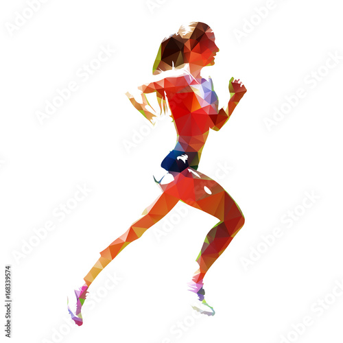 Running woman, abstract polygonal vector silhouette, side view