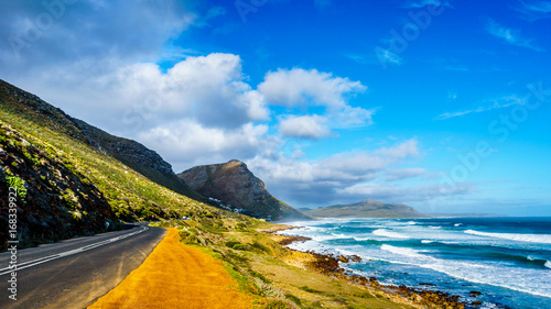 Kitesurfing at the beach community of Het Kommitjie on the Atlantic Ocean side of the Cape Peninsula in South Africa