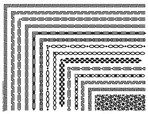 Set of geometric seamless border patterns in oriental style. Linear abstract motif background. Monochrome decoration design