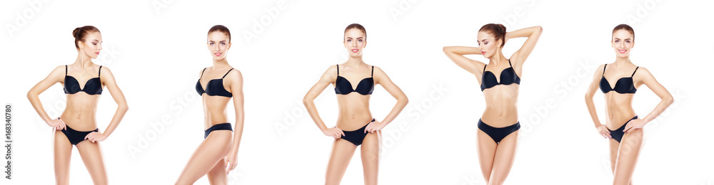Young, sporty and fit girl in black underwear. Isolated background. Set collection. Fitness Concept. Young, sporty and fit girl in black underwear. Isolated background. Set collection. Fitness Concept.