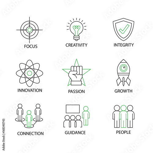 Modern Thin Line Icon or Pictogram with word Growth,Creativity,Innovation,Integrity,People,Focus,Guidance,Connection,Passion. Business Core Value Concept. Editable Line Stroke.