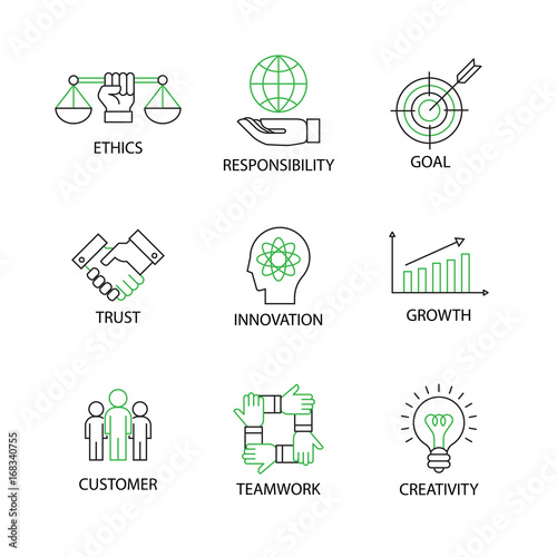 Modern Flat thin line Icon Set in Concept of Business Core Values with word Ethics,Responsibility,Goal,Trust,Innovation,Growth,Customer,Teamwork,Creativity.Editable Stroke.