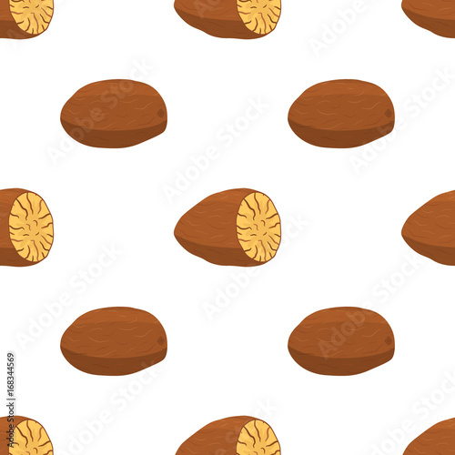 Nutmeg, organic nut, healthy vegetarian food seamless pattern. Vector illustration