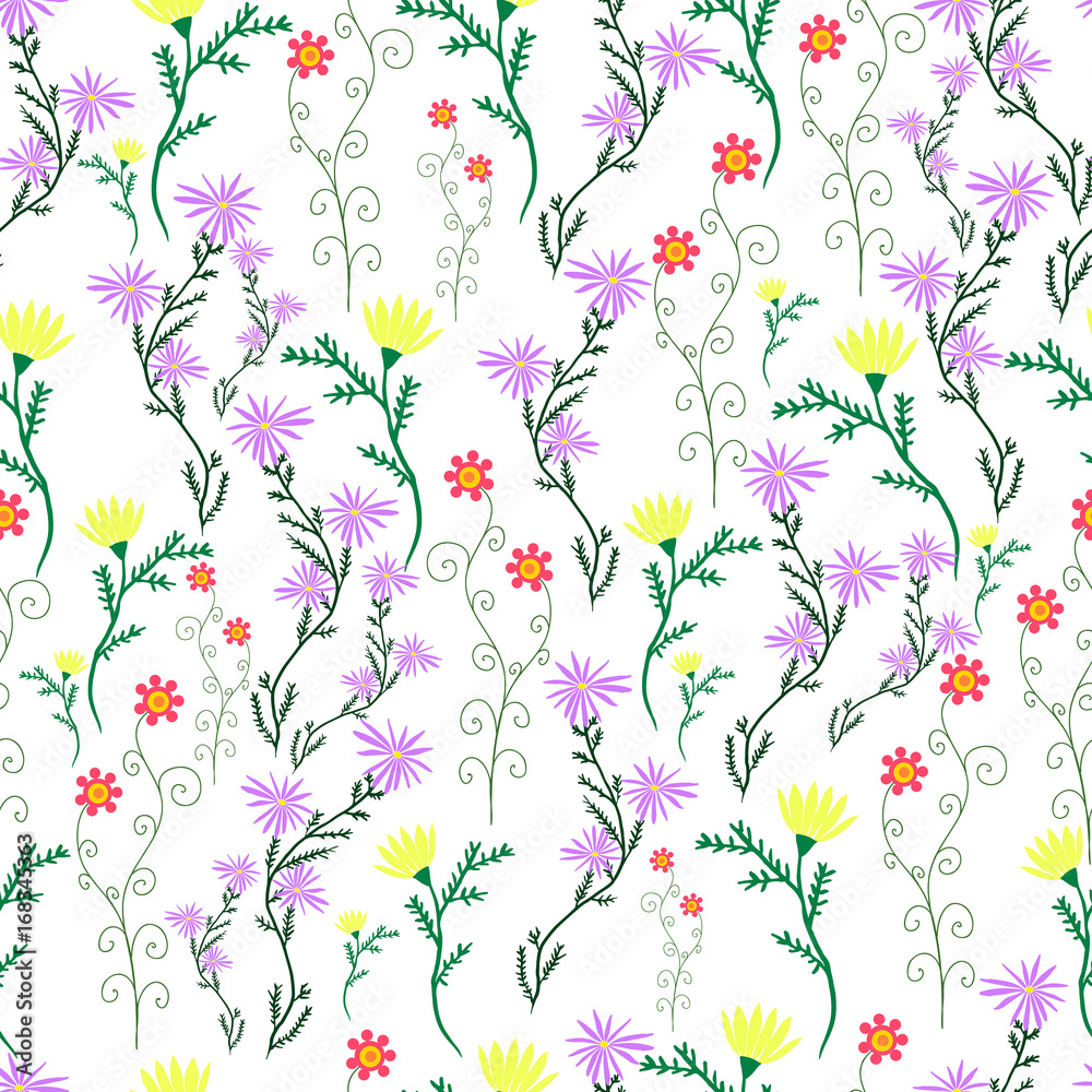 Fototapeta Summer, delicate, wild flowers, pastel color, floral seamless pattern. Vector hand drawn illustration