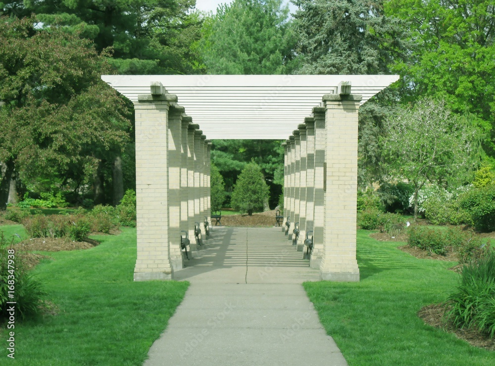 White garden trellis surrounded by greenery White garden trellis surrounded by greenery