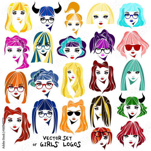 Set of vector logos with faces of girls and hairstyles. Faces of young beautiful girls with glasses, with birthmarks, with painted lips. A collection of hairstyles for long and short hair.