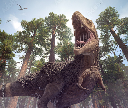A 3D rendering of Tyrannosaurus Rex roaring in Hell Creek 66 million years ago.