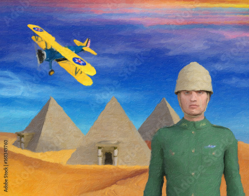 Fotografie illustration of retro adventurer with pyramids and biplane