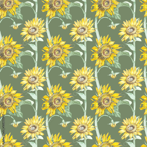 Illustration in watercolor of a Sunflowers. Floral card with flowers. Botanical illustration seamless pattern.