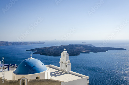 Blue dome with three bells in Santorini