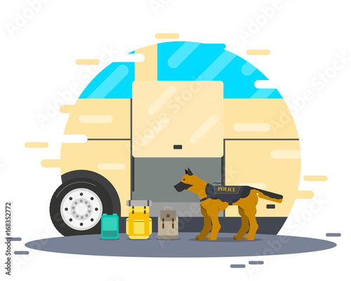A police dog is looking for a bomb and drugs at a bus stop. Vector illustration