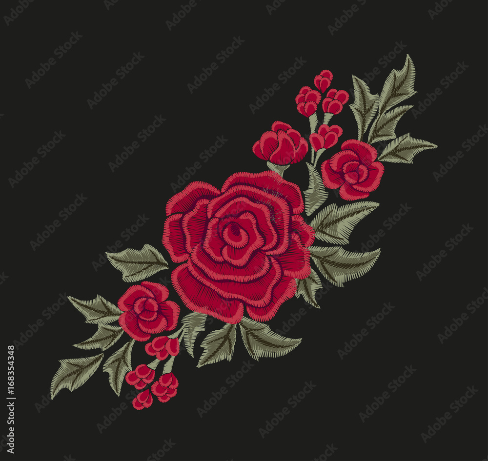 Embroidered red flowers. Roses and leaves. Fashion design. Vector floral print. Embroidered red flowers. Roses and leaves. Fashion design. Vector floral print.