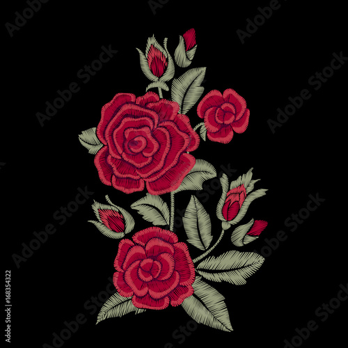 Embroidered flowers and leaves. Bouquet of red roses. Vector print.