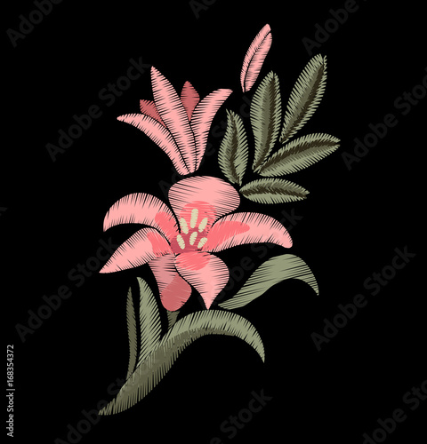 Embroidered lilies. Fashion design. Vector flowers. Floral print.
