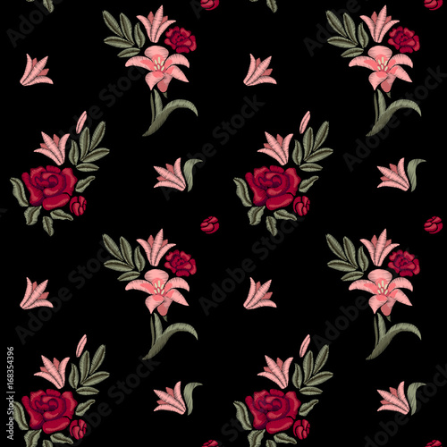 Fototapeta Naklejka Na Ścianę i Meble -  Embroidered flowers. Lilies and roses. Seamless pattern. Vector floral print.