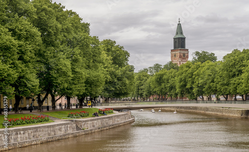 Fotografie Beautiful view of Aura river and the cathedral, Turku, Finland