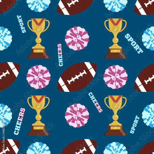 Sports seamless pattern. Blue background for school team and cheerliaders