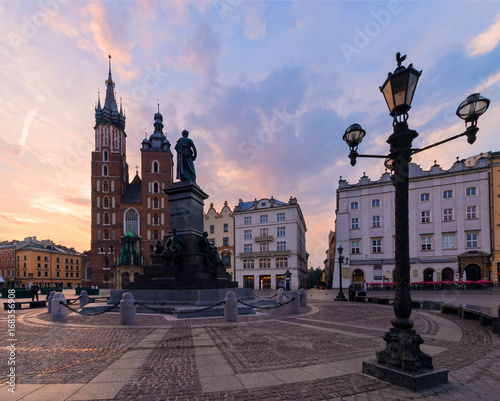 Purple sunrise in the main square of Krakow