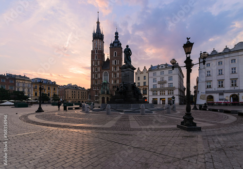 Beautiful sunrise in the main square of Krakow.