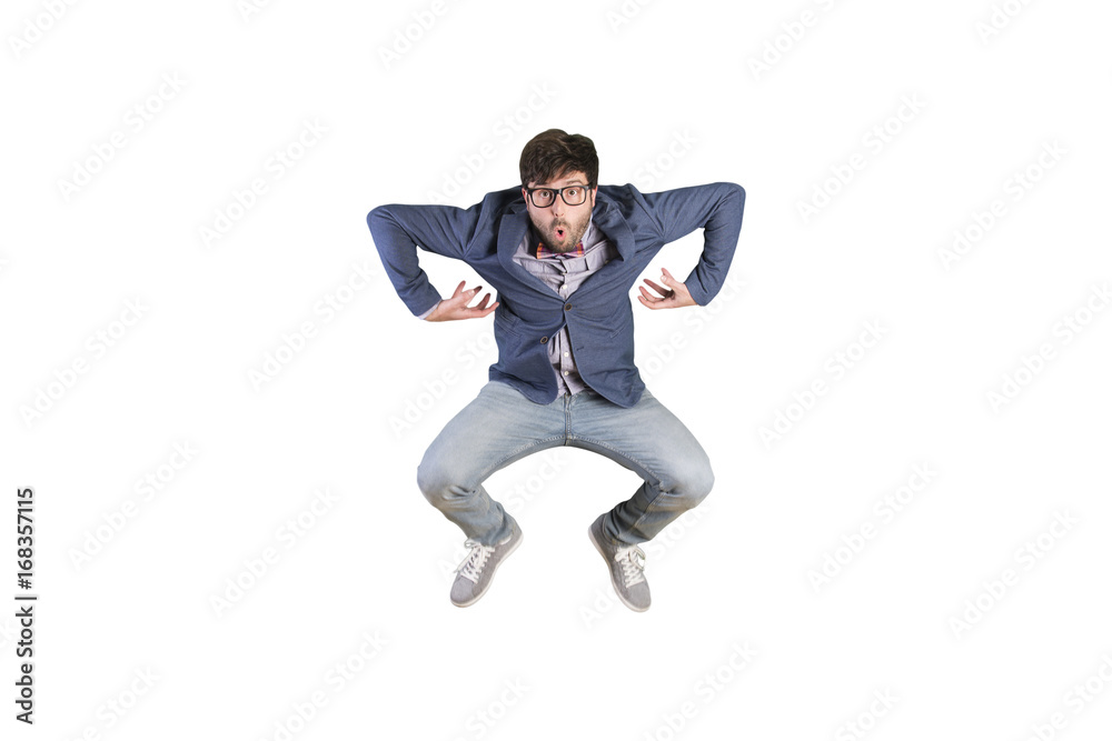 Crazy young businessman jumping. Monkey pose