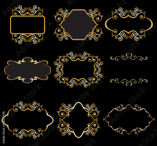 Set of gold linear frame for graphic design on black background. Elegant graceful frame, filigree border in vintage style for wedding invitations, card, logo, icon
