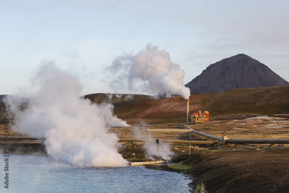 Geothermal Power Station and Bright Turquoise Lake in Iceland