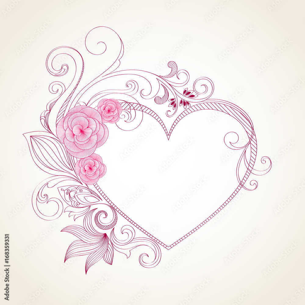 Hand-drawing abstract floral background. Vector heart with flower petals. Element for design.