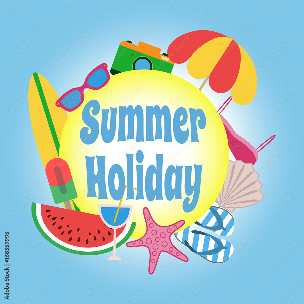 Summer holiday. Circle banner design with colorful beach elements on blue background