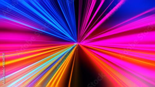 Speed motion on the neon glowing road at dark. Speed motion on the road. Colored light streaks acceleration. Abstract illustration. Pink Orange and Blue motion streaks.