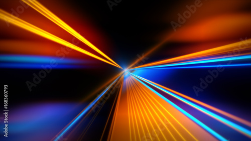 Motion speed lights. Speed motion on the neon glowing road at dark. Speed motion on the road. Colored light streaks acceleration. Abstract illustration. Orange and Blue motion streaks. Space gates.