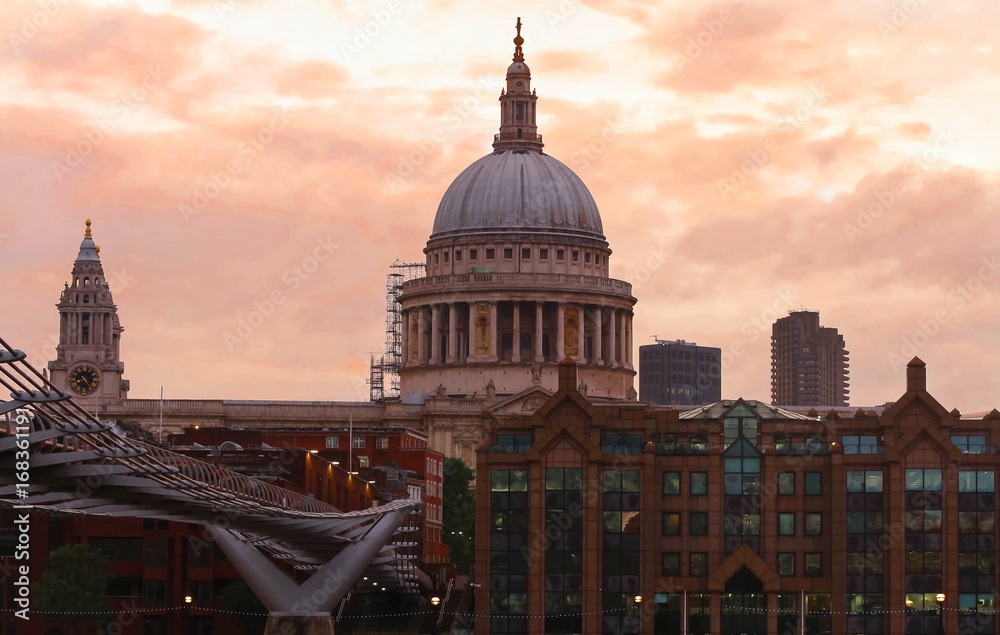 The view of the dome of Saint Paul's Cathedral at sunset, City of London.