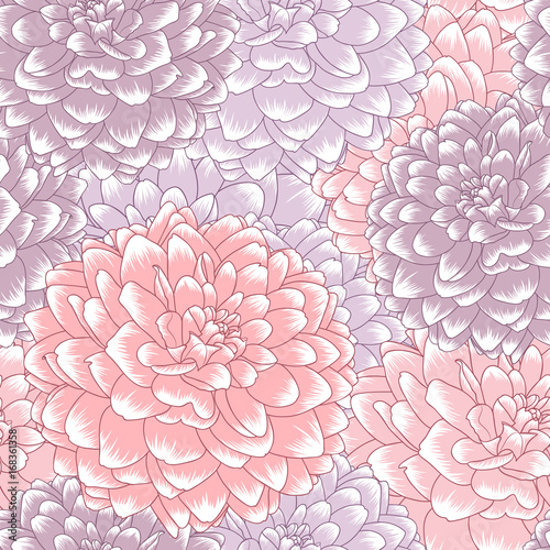 Fototapeta Naklejka Na Ścianę i Meble -  Beautiful abstract seamless hand drawn floral pattern with dahlias flowers. Vector illustration. Element for design.
